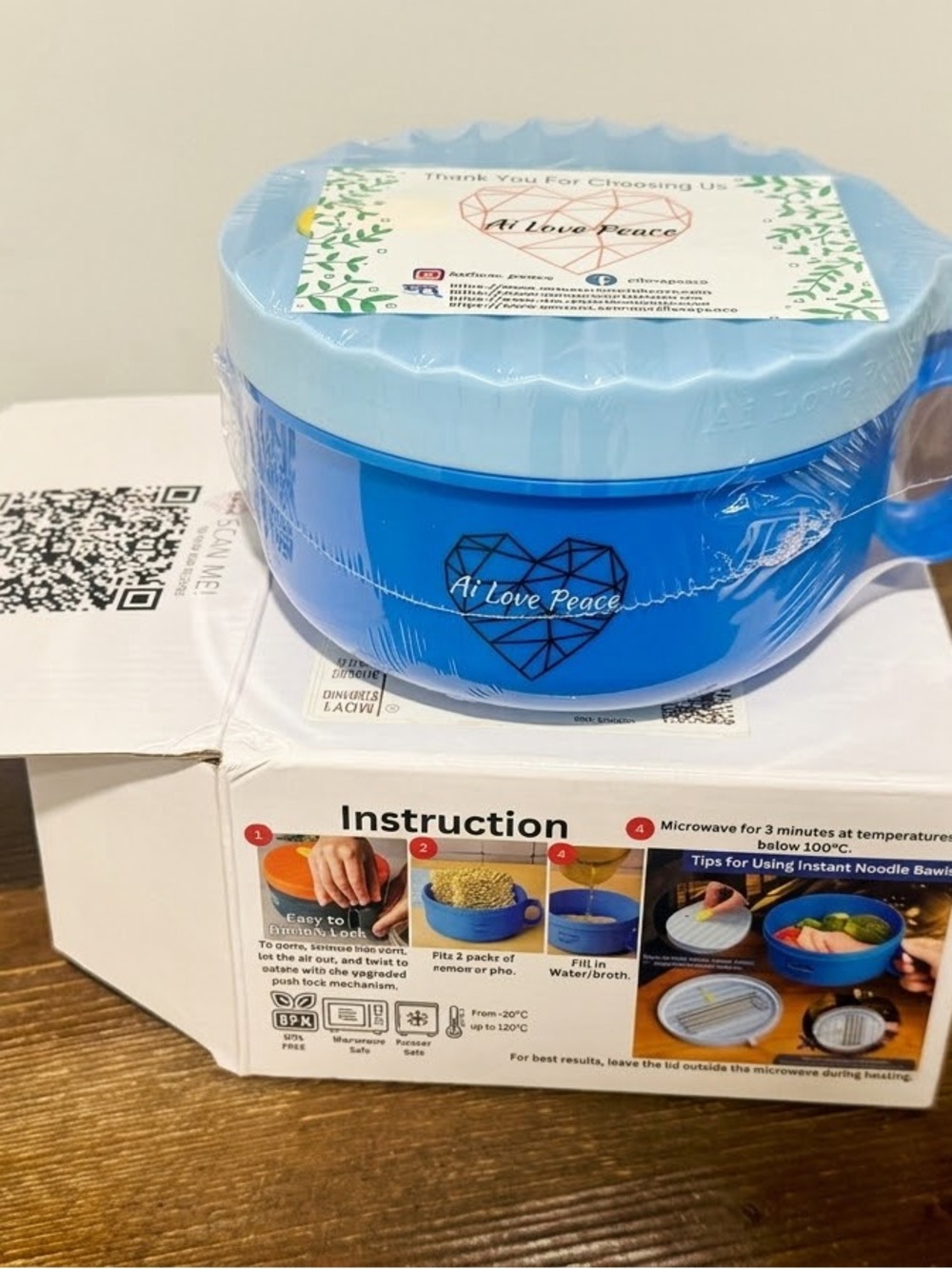 Ai Love Peace 40oz Microwave Ramen Noodle Bowl Set Blue NWT